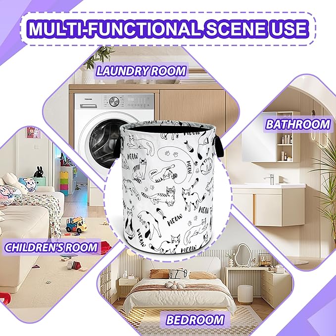 Cute Cat Laundry Basket Oxford Cloth Meow Pet Laundry Hamper Funny With Handle Foldable Portable Clothes Storage Basket 18.9 X 16.5 Inch Storage Bag For Laundry Room/Bathroom/Bedroom/Dormitories
