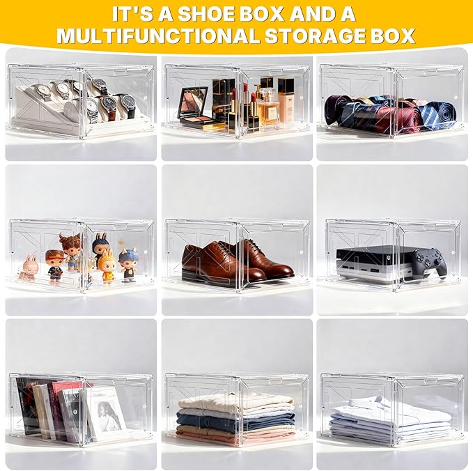 1 Pack Drop Front Shoe Box for Men’s Sneakers, Stackable Magnetic Display Case, Large Size for Up to US 13, Clear-Black Organizer – 13.5 x 10.55 x 7.5 Inches
