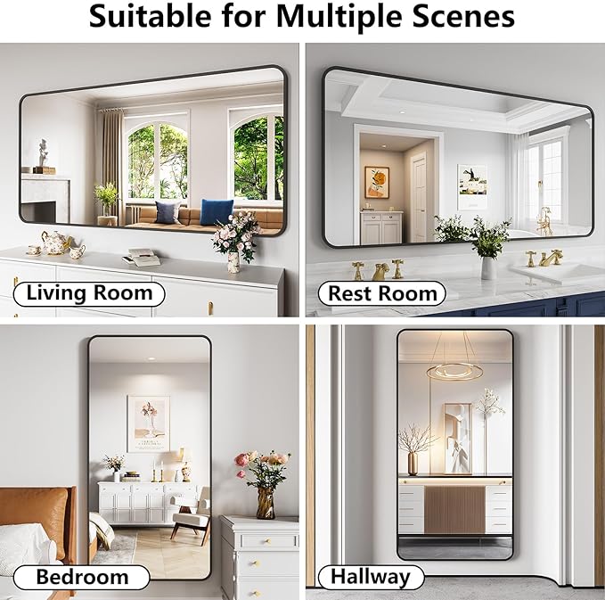 Koonmi Bathroom Mirror, 36X71 Brushed Black Rectangle Wall Mirror, HD Tempered Glass, Anti-Rust Frame Vanity Mirror, Rounded Rectangle Mirror for Restroom, Bedroom, Hangs Horizontal or Vertical