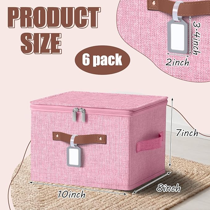 6 Pack Fabric Closet Storage Bins with Zipper Lids and Label, 10×8×7In Large Size Foldable Cotton Linen Storage Cubes Boxes with PU Leather Handles Holders for Bedroom, Nursery, Pink