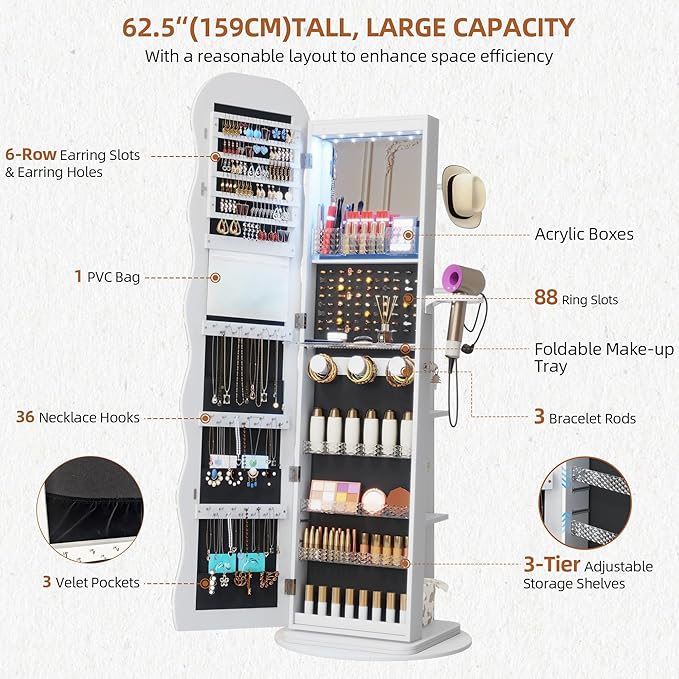 Vlsrka LED Mirror Jewelry Cabinet Standing, 360° Swivel Jewelry Aromire Organizer with Wavy Mirror, Lockable Jewelry Mirror with Storage, Jewelry Cabinet, Interior Mirror, Flodable Shelf, White