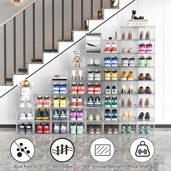 12 Pack Hard Sturdy Thickened Rigid XX Large Shoe Storage Organizer for Closet, Clear Stackable Sneaker Shoe Boxes Rack Containers Display Case Bins with Lids, White