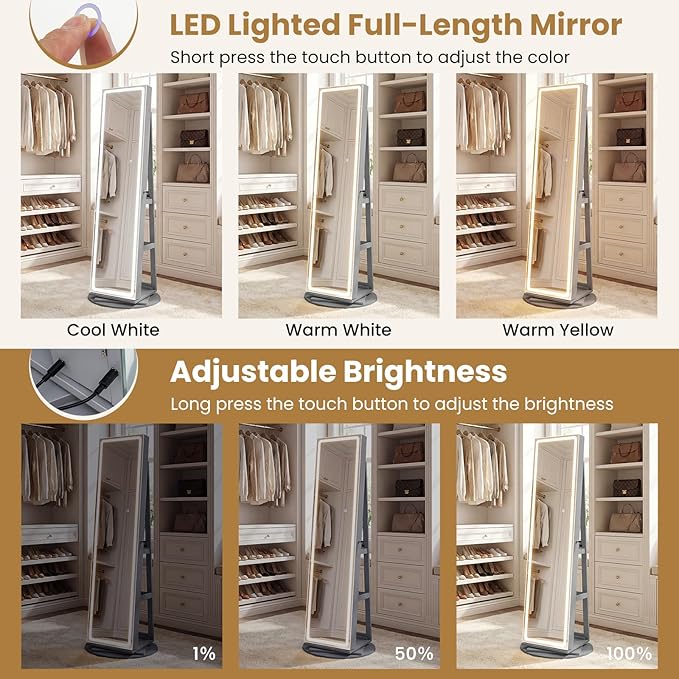 CHARMAID 360° Rotating Jewelry Armoire with LED Lighted Full Length Mirror & Built-in Vanity Mirror, Lockable Standing Jewelry Cabinet with Lights, Large Storage Organizer for Jewelry (Gray)