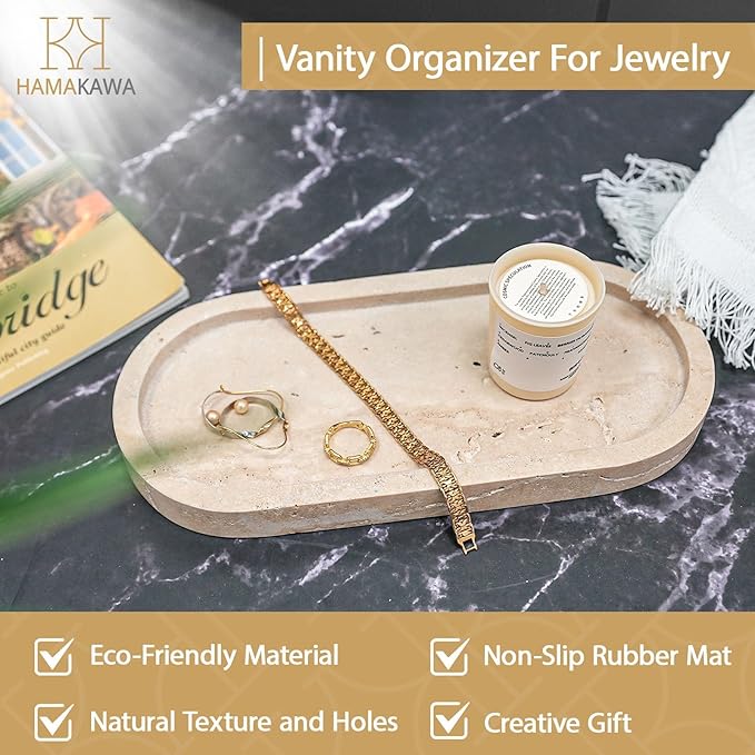 Bathroom Vanity Tray, Natural Marble Oval Sink Tray 10 inch, Beige Travertine Vanity Tray for Soap Dispenser Modern Countertop Organizer for Kitchen Countertops, Home Decor