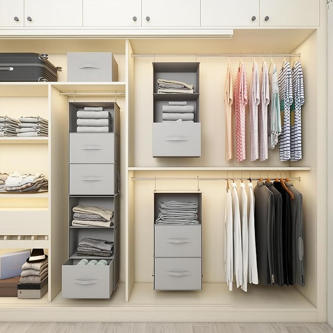 Twira 6-Shelf Hanging Closet Organizer, 2 Separable 3-Shelf Hanging Shelves, Hanging Storage with 3 Removanle Drawers 4 Side Pockets for Wardrobe, Nursery, Drom, Baby Clothes Organization Light Grey