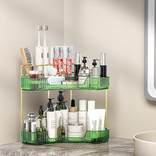 2 Tier Corner Bathroom Organizer Countertop, Vanity Makeup Organizer with Brush Holder, Space-Saving Skincare Storage Corner Shelf for Bathroom, Dressing Table, Kitchen