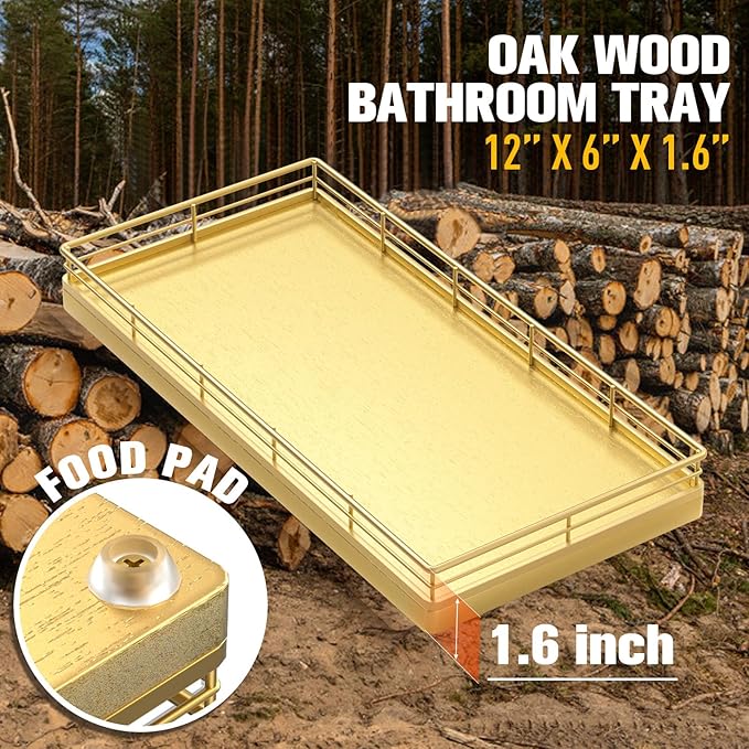Bathroom Vanity Tray – 12" x 6" Oak Decorative Wooden Tray for Toilet Tank Organizer, Wood Tray for Bathroom Countertop, Soap, Perfume, Storage Vanity Dresser Decor for Bathroom Essentials Gold