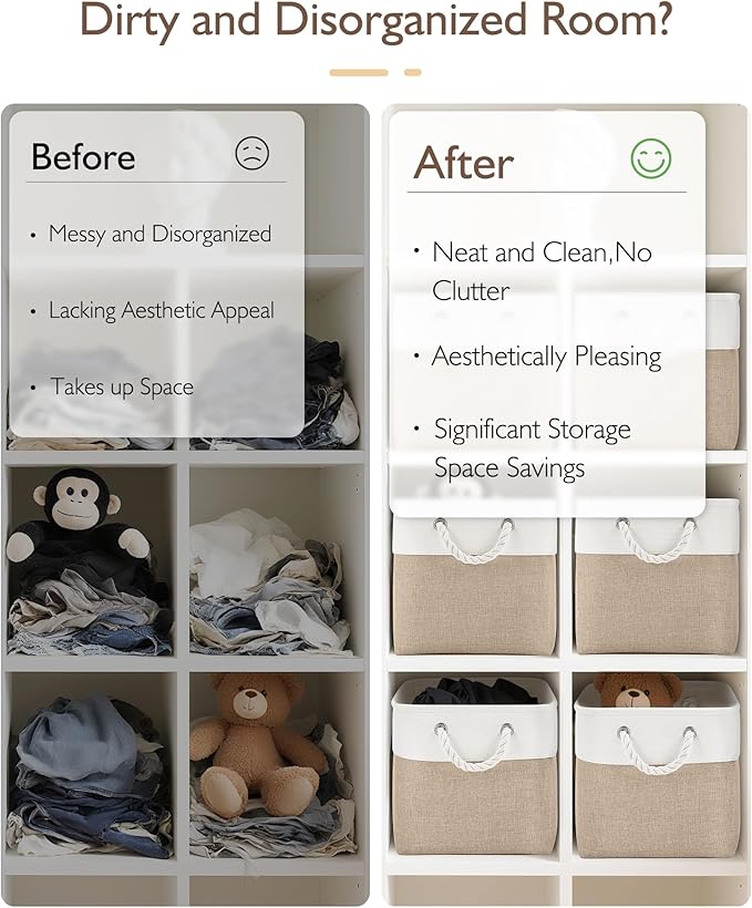 11 Inch Storage Cubes 6-Pack, Foldable Fabric Organizer Bins with Rope Handles, Cube Storage Baskets for Closet Shelves and Home Organization(White/Khaki)