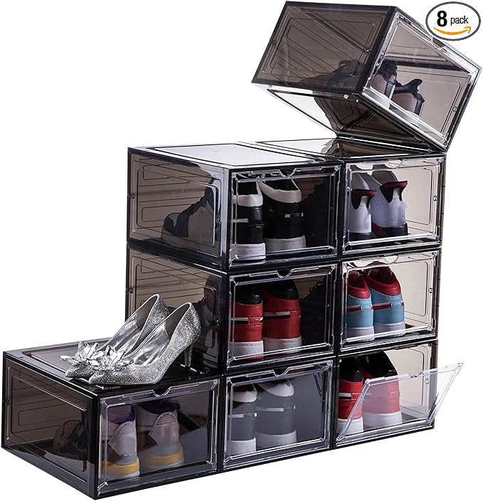 Attelite Clear Shoe Box,Set of 8,Stackable Plastic Shoe Storage Box with Clear Door Drop Front For Display Sneakers,Easy Assembly,Fit up to US Size 14,Black