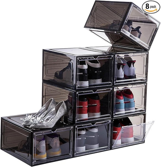 Attelite Clear Shoe Box,Set of 8,Stackable Plastic Shoe Storage Box with Clear Door Drop Front For Display Sneakers,Easy Assembly,Fit up to US Size 14,Black