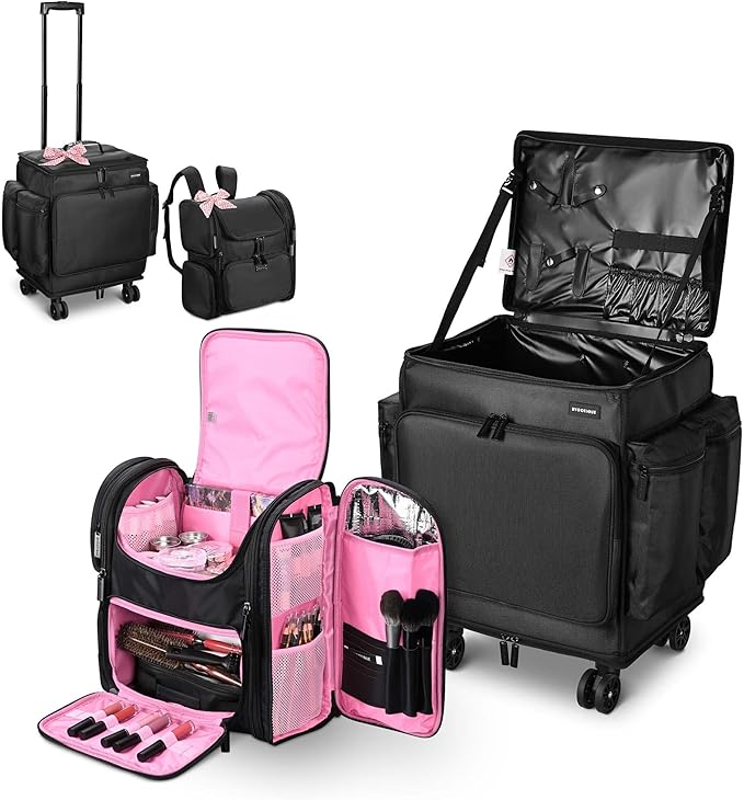 BYOOTIQUE Rolling Makeup Train Case Soft Sided Travel Cosmetic Organizer Storage with Travel Make Bag Backpack