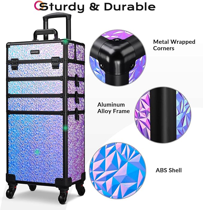 BYOOTIQUE Rolling Makeup Case on Wheels 3-Piece Lockable Cosmetology Organizer Kit Hair Tool Travel Bag for Lash Artist Nail Slon Beauty Studio Hairstylist Esthetician,Mermaid Purple