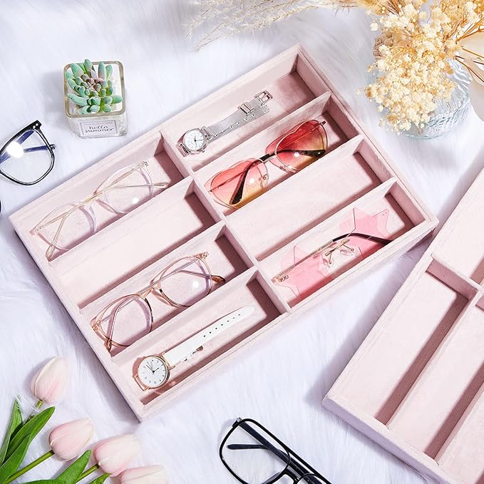 Amylove 2 Pcs Sunglass Organizer Trays Glasses Stackable Jewelry Trays Sunglass Organizer Display Box(8 Grids,Pink)
