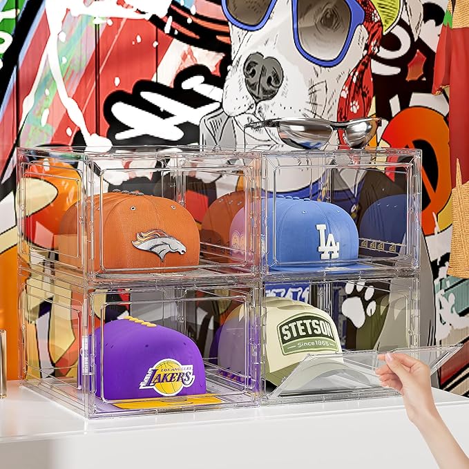 Hat Organizer Box for Baseball Caps, 8 Pack Clear Plastic Hat Storage Box, Hats Holder Display Case for Closet with Magnetic Door, Snapback Organizer, Hold 8 Cap Each
