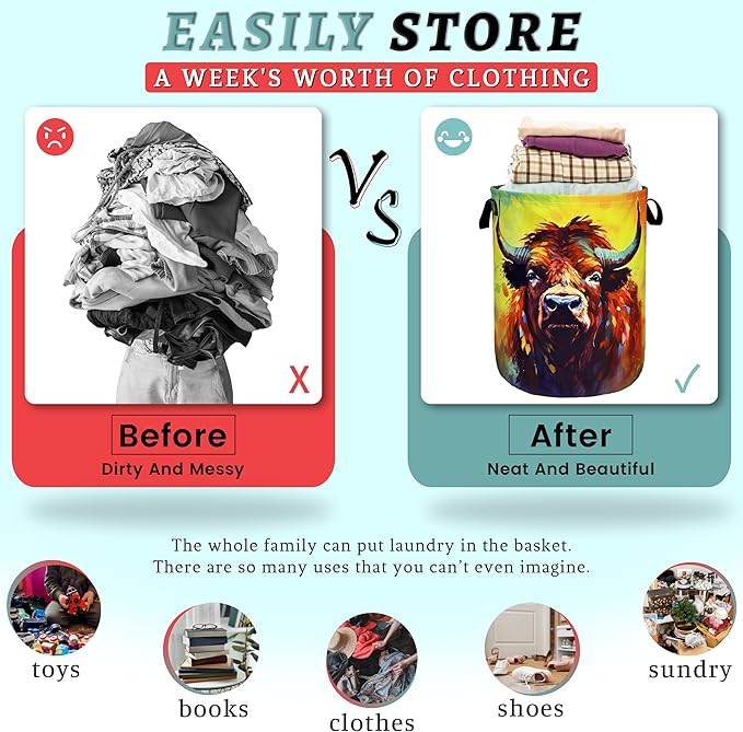 Highland Cow Laundry Hamper Foldable With Handles Funny Animal Tote Bag Oxford Cloth Colorful Laundry Basket Clothe Toy Storage Bucket 18.9"x16.5"For Bathroom/Laundry/Bedroom