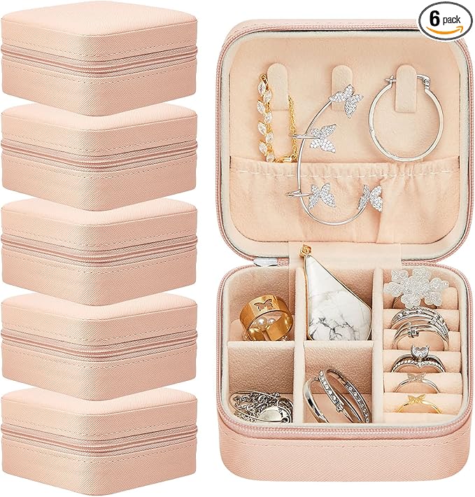 Taiyin 6 Pcs Travel Jewelry Case, Valentines Day Gifts for Her- Small Jewelry Organizer Box Bridesmaid Gifts for Women Girls (Pink)