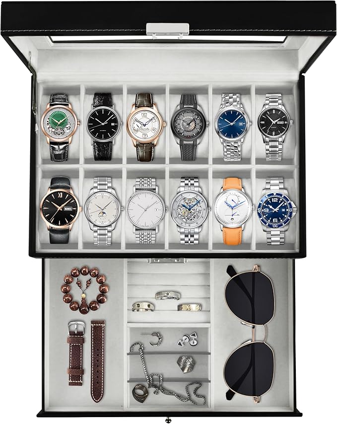 Ogrmar 12 Slot PU Leather Lockable Watch Storage Boxes, Men & Women Jewelry Display Drawer Case, 2-tier Organizer Watch Showcase with Glass Lid (Black)