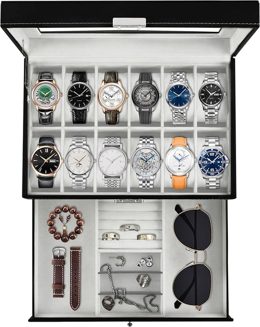 Ogrmar 12 Slot PU Leather Lockable Watch Storage Boxes, Men & Women Jewelry Display Drawer Case, 2-tier Organizer Watch Showcase with Glass Lid (Black)