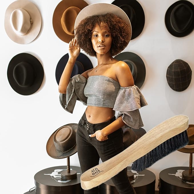 Fedora Hat Brush Lint Remover Duster Brushes for Felt Hats 100% Horse Hair (Black) Wood Brush