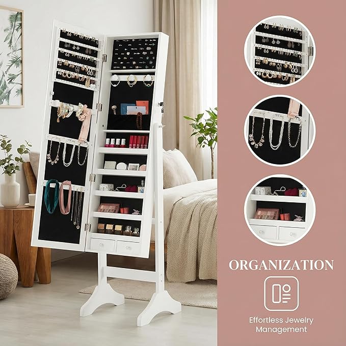 Jewelry Armoire with Full-Length Mirror, Lockable Velvet Lined Organizer with 5 Shelves, 3-Angle Adjustable Standing Mirror, 2 Keys & Bonus Pouch, Elegant White, 47.3 Inch