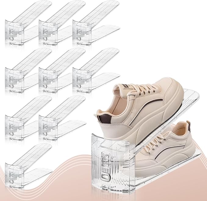 10 PACK Transparent Shoe Stacker,Shoe Slots Organizer for Closet, Shoe Display Space Saver,Adjustable Shoe Rack Organizer Holder for High Heels,Sneakers(Transparent)