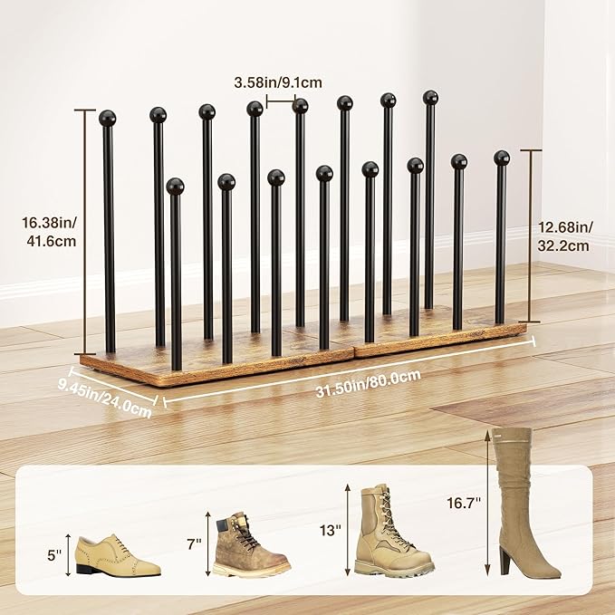 pickpiff Boot Rack 8-Pair Shoe Organizer Tall 16.4'' Free Standing Shoes Holder Metal With Wood Base