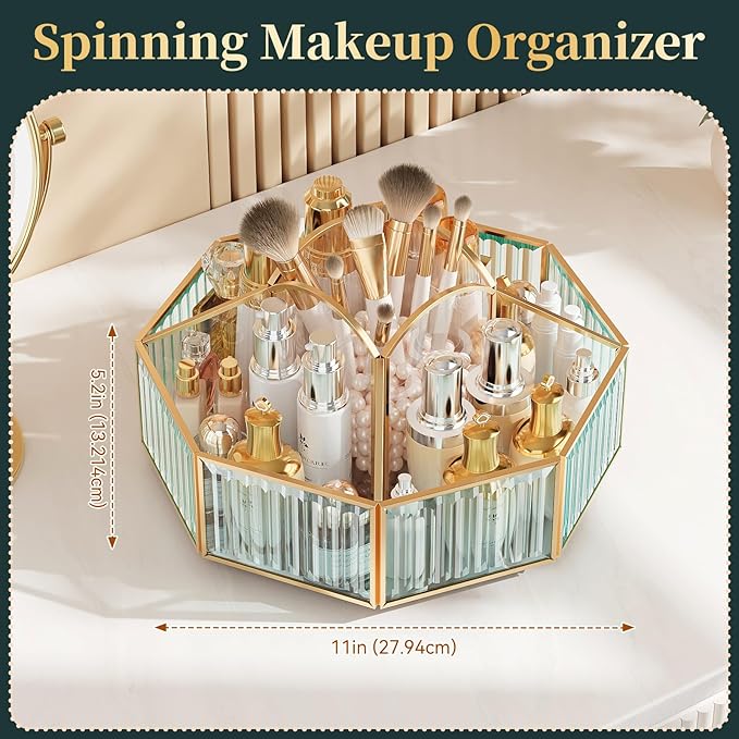 360° Rotating Makeup Organizer Spinning Vanity Organizer with Makeup Brush Holder for Countertop, Bathroom Storage, Skincare, Perfume & Cosmetic Organizer for Vanity