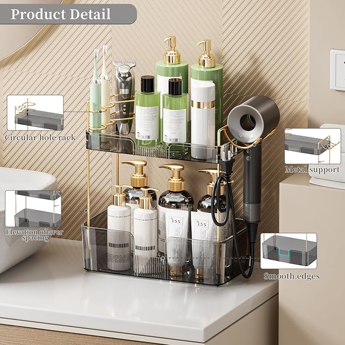 2 Tier Bathroom Organizer Countertop Makeup Perfume Tray Skincare Organizer Comes with Hair Dryer Rack and Toothbrush Holder for Bathroom Dresser Vanity (Grey)