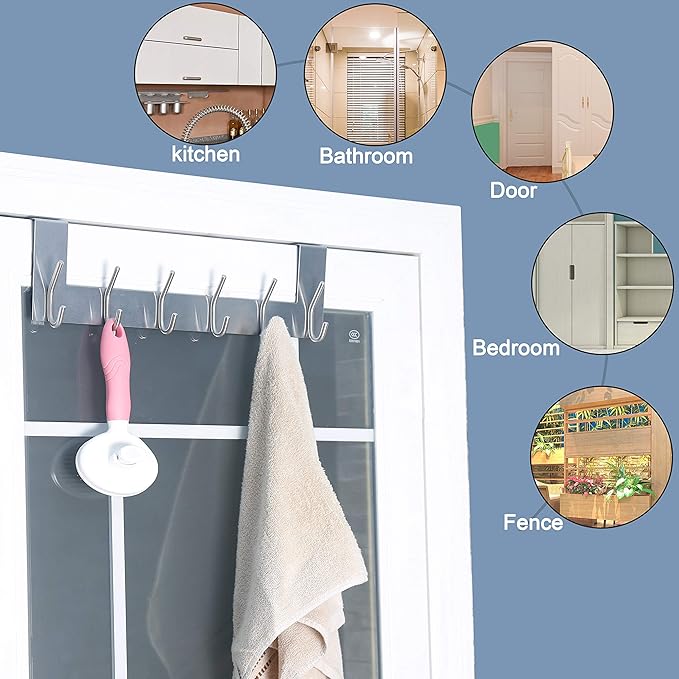 SKOLOO Over The Door Hook - 6 Hooks, No Assembly Required, Stainless Steel Door Hooks, Over Door Coat Rack for Hanging Coats Clothes Hats Robes, Silver