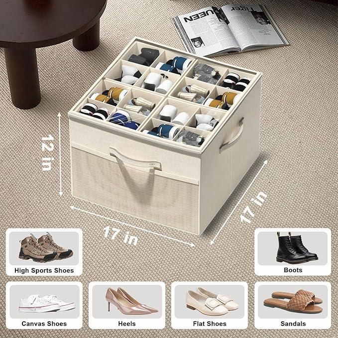 Leosoria Shoe Organizer for Closet, Foldable Shoe Storage Organizer Box Bin with Adjustable Dividers and Clear Cover, Fits up to 16 Pairs (Beige)