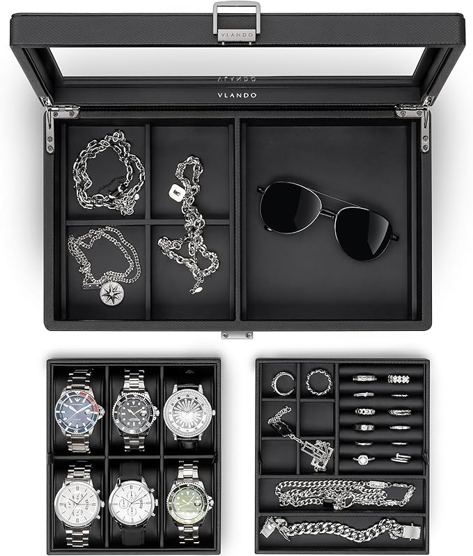 Vlando 6-Slot Watch Box Organize, Lockable Watch Case with Textured Leather, 2 Layer Watch Holder for Rings, Bracelets, Glasses, Glass Lid, Removable Divider, Gift for Fathers, Husband, Friend, Black