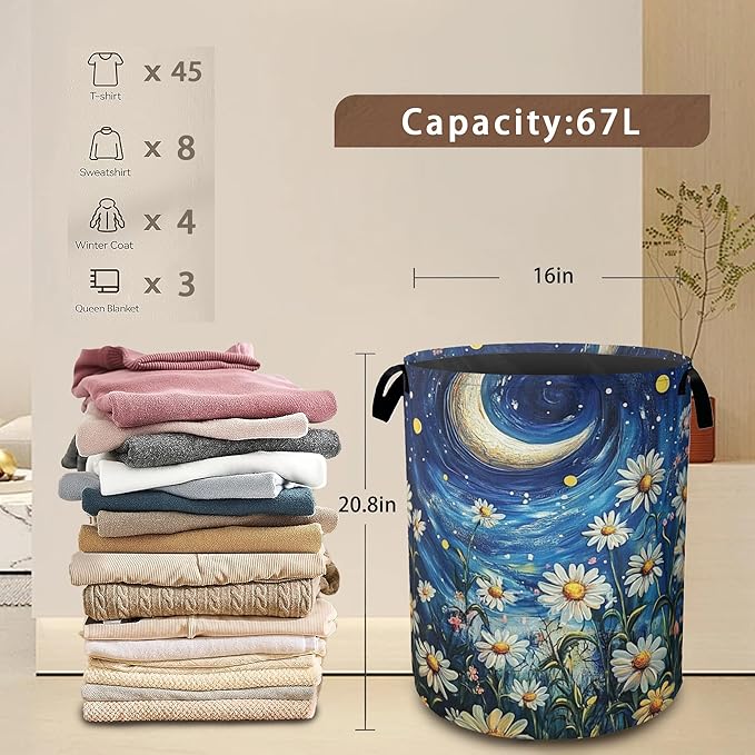 Watercolor Flowers Laundry Basket,Night Starry Sky Collapsible Laundry Baskets with Handles,Waterproof Oxford Cloth Storage Basket 16"x20" for Bathroom/Bedroom/Dormitories