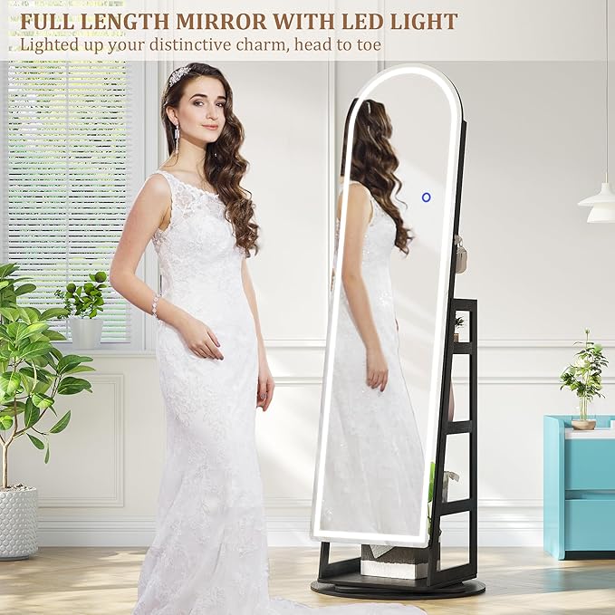 LVSOMT LED Mirror Jewelry Cabinet Standing, Lockable Jewelry Armoire with Arched Full-Length Mirror and Adjustable LED Lights, Space-Saving Jewelry Organizer with Mirror(Black)