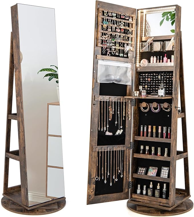 Mirror Jewelry Cabinet Standing with Full Length Mirror, 360° Swivel Jewelry Armoire with 3-Color LED Lights & Foldable Makeup Shelf, Lockable Organizer for Women, Space-Saving (Rustic Brown)