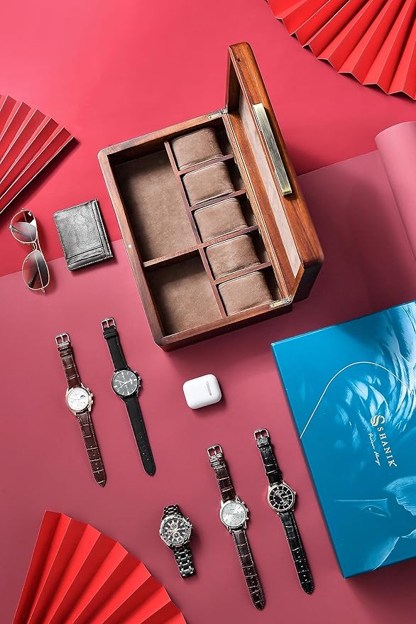 Shanik Wooden Large Watch Box for Men - Personalized Storage with 5 Slots for Watches - Organizer Box for Personal Stuff with Print Design