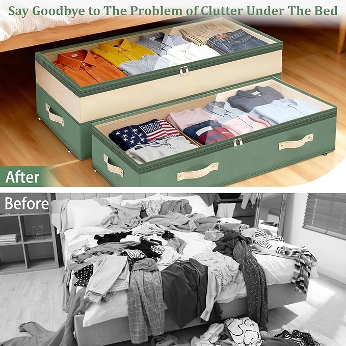 Dolicer 2 Pack Under Bed Storage with Wheels, 6in-10in Height Adjustable Underbed Storage Containers, 92L XXXL Under Bed Drawers Rolling Bin with Clear Lids for Dorm Shoes Clothes Organizers(Green)