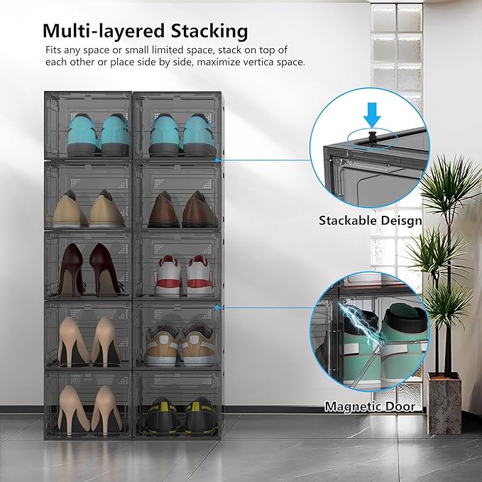 12 Pack Hard Sturdy Thickened Rigid XX Large Shoe Storage Organizer for Closet, Clear Stackable Sneaker Shoe Boxes Rack Containers Display Case Bins with Lids, Grey02