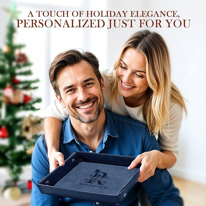 Engraved Christmas Blue Leather Valet Tray – Personalized Rectangle Catchall Organizer for Wallet, Keys, and Jewelry – Gift for Men, Dad, Couples – Dresser Top or Coffee Table Tray Decor