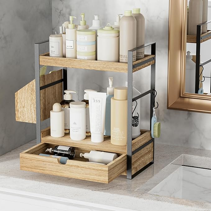 2-Tier Bathroom Counter Organizer with Drawer and Basket, Wood Countertop Organizer for Storage, Skincare Organizers for Vanity, Counter Shelf for Bathroom Organization
