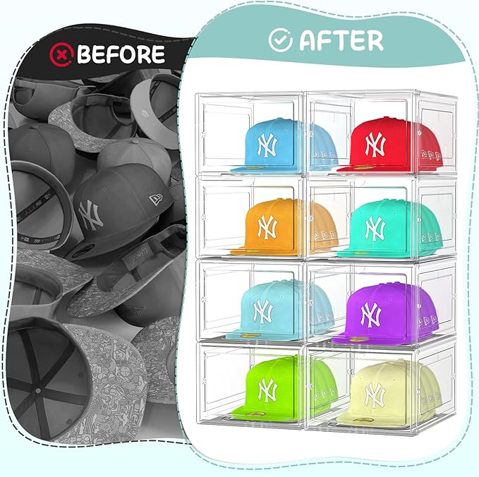 6 Pack Hat Organizer Box, Stackable Clear Baseball Caps Holder Box Containers with Magnetic Door for Hats Snapback Cap Storag, Hat Rack Display Case, Holds 8 Hats Each (Clear)
