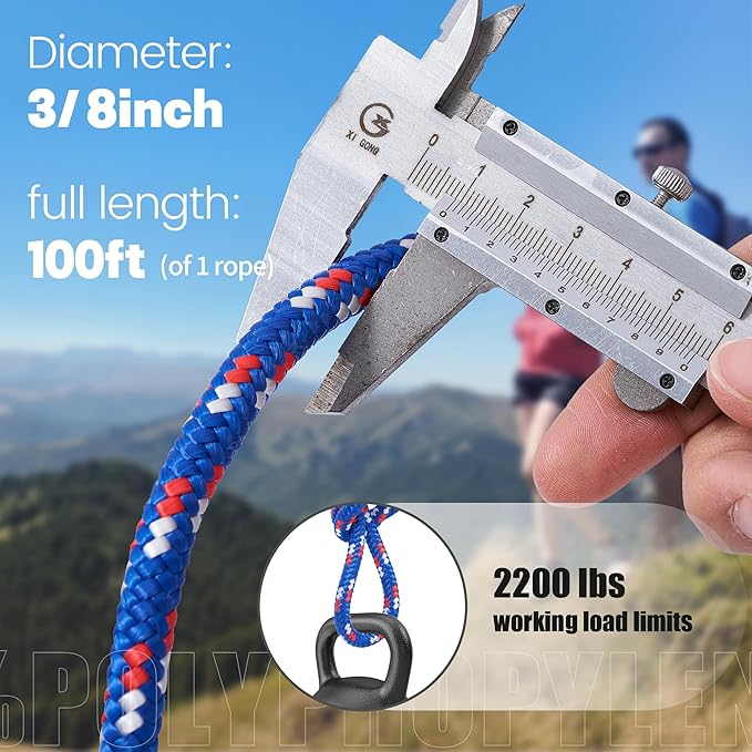 100 ft 3/8 Inch Diamond Braided Polypropylene Rope, Poly Clothesline, Boat Rope, All-Purpose Utility Cord Tie Down Ropes for Craft Marine Boat Camping Indoor Outdoor, Blue, 2 Pack