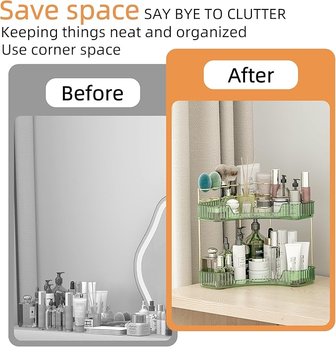 2 Tier Corner Bathroom Organizer Countertop, Vanity Makeup Organizer with Brush Holder, Space-Saving Skincare Storage Corner Shelf for Bathroom, Dressing Table, Kitchen