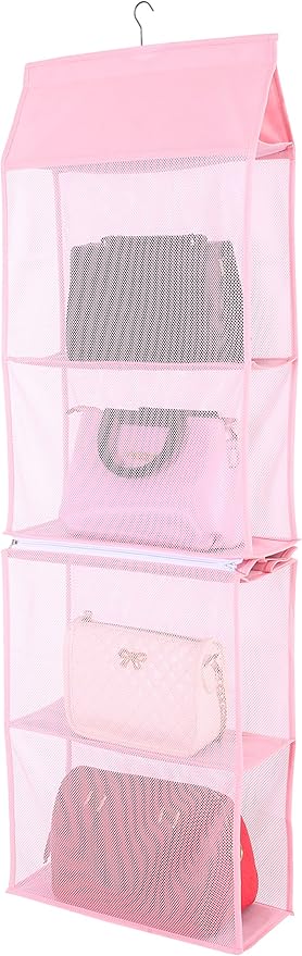 Detachable 4 Compartment Organizer Pouch Hanging Handbag Organizer Clear Purse Bag Collection Storage Holder Wardrobe Closet Space Saving Organizers System for Living Room Home Use (Pink)