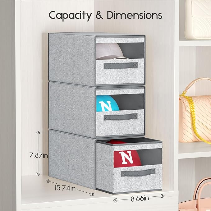 Hat Organizer for Baseball Caps - 2 Pack Pull-Out Drawer Hat Storage Organizer Box with Clear Window, Stackable Closet Cap Holder, Baseball Cap Organizer for Closet, Bedroom, Home, Ant Gray