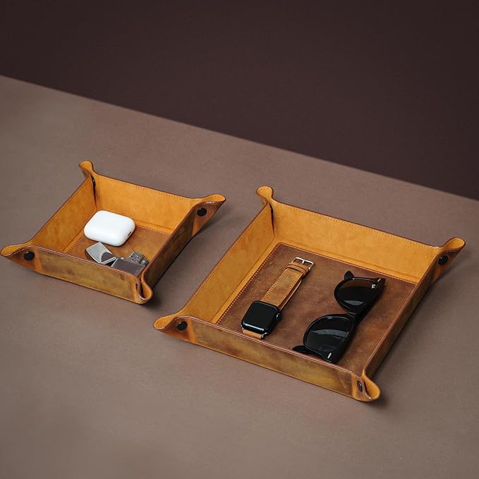 Handmade Leather Catch All Tray, Customizable Handcrafted Genuine Leather Valet Tray and Organizer for Keys, Phones, Jewels, Coins, Square - Medium, Green