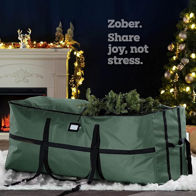 ZOBER Wide Christmas Tree Storage Bag - Maximum Accessibility - Fits 7.5 Ft Trees - 600D Oxford Fabric Christmas Tree Bag For Storage Box For Xmas - Strong Durable Straps & Handles - Card Slot - Green