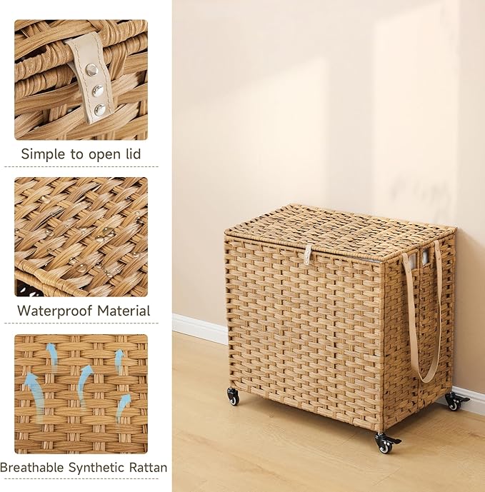 Laundry Hamper with Wheels, 34.3 Gallon(130L) Rolling Laundry Basket with Lid, Removable Large 2 Color Liners & 3 Mesh Laundry Bags, Clothes Hamper with Side Pocket, Natural