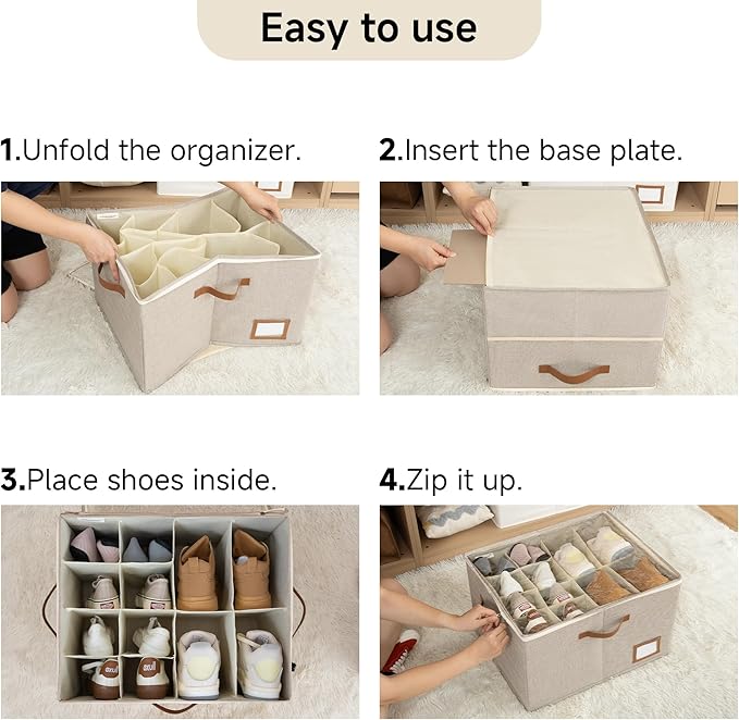 StorageWorks Shoe Oragnizer for Closet, 2 Pack Shoe Storage Cubes Holds Up to 16 Pairs, Space Saving Storage Boxes with Lid and Hanldes, Taupe