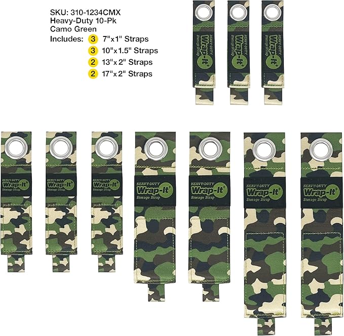 Heavy-Duty Wrap-It Storage Straps - Assorted 10-Pack (Camo) - Hook and Loop Storage Strap, Extension Cord Organizer, Hose, Cable Straps, Rope Organizer, Electrical, Hose, Garage Wall Hanger
