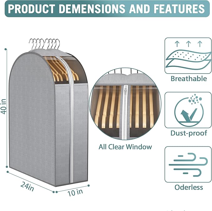 10" Gusseted Garment Bags for Hanging Clothes with Clear Window, 32" Suit Bags for Open Closet Storage, Clothing Cover for Coat, Dress, Jacket, Shirt, Fur Wardrobe Protector, 3 Packs